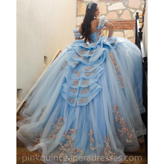 Off Shoulder Sky Blue Quinceanera Dress Sequin Vestidos De 15 Anos Rose Gold Lace Appliques Wear Pageant Sweetheart Women Tulle 2024 Ball Gown