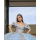 Off Shoulder Sky Blue Quinceanera Dress Sequin Vestidos De 15 Anos Rose Gold Lace Appliques Wear Pageant Sweetheart Women Tulle 2024 Ball Gown