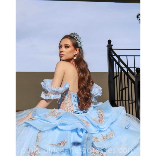 Off Shoulder Sky Blue Quinceanera Dress Sequin Vestidos De 15 Anos Rose Gold Lace Appliques Wear Pageant Sweetheart Women Tulle 2024 Ball Gown