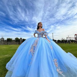 Off Shoulder Sky Blue Quinceanera Dress Sequin Vestidos De 15 Anos Rose Gold Lace Appliques Wear Pageant Sweetheart Women Tulle 2024 Ball Gown