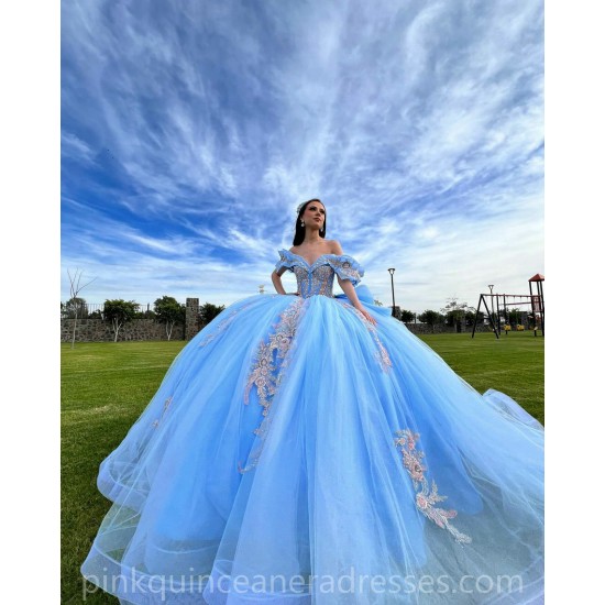 Off Shoulder Sky Blue Quinceanera Dress Sequin Vestidos De 15 Anos Rose Gold Lace Appliques Wear Pageant Sweetheart Women Tulle 2024 Ball Gown