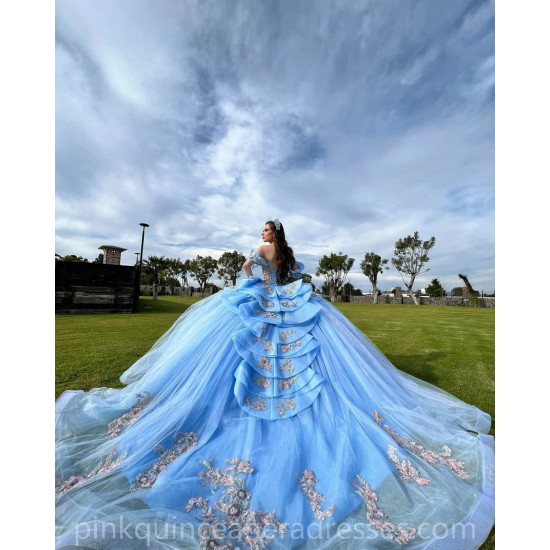 Off Shoulder Sky Blue Quinceanera Dress Sequin Vestidos De 15 Anos Rose Gold Lace Appliques Wear Pageant Sweetheart Women Tulle 2024 Ball Gown