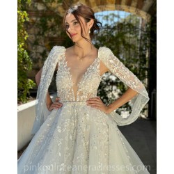 Girls Sweet 16 Dresses Appliques Lace White Quince Dress V Neck Vestidos De 15 Anos Sequin Wear Pageant With Cape Sleeve