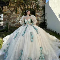 Two Piece Vestidos De 15 Anos White Quinceanera Dresses Sweetheart Neck 2024 Ball Gown Princess Dress Green Lace Appliques 