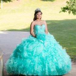 Ruffled Aqua Quinceanera Dress Instagram Gowns Sweetheart Neck Girls Sweet 16 Dresses Sleeveless 15 Birthday Party Robe