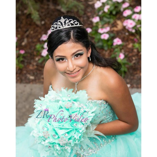 Ruffled Aqua Quinceanera Dress Sleeveless 15 Birthday Party Robe Sequin Instagram Crystal Gowns Girls Sweet 16 Dresses