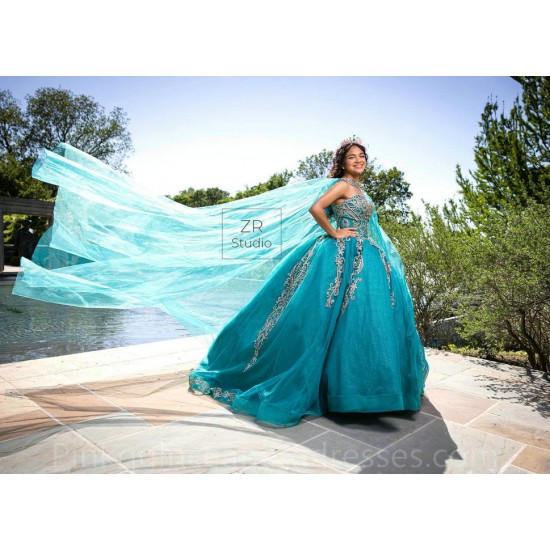 Cape Sleeve Aqua Quinceanera Dress Vestidos De 15 Anos Lace Appliques Girls Sweet 16 Dresses Sweetheart Neck Women 2024 Ball Gown