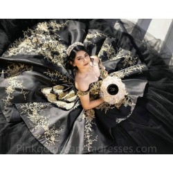 Vestidos De 15 Anos Black Quinceanera Dress Off Shoulder Sequin Girls Sweet 16 Dresses Gold Lace Appliques 2024 Wear Pageant With Bow