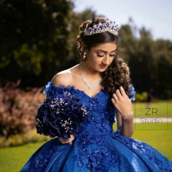 V Neck Vestidos De 15 Anos Blue Quinceanera Dress Off Shoulder Women 2024 Ball Gown Lace Appliques Girls Sweet 16 Dresses With 3D Flowers