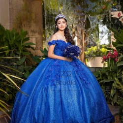 V Neck Vestidos De 15 Anos Blue Quinceanera Dress Off Shoulder Women 2024 Ball Gown Lace Appliques Girls Sweet 16 Dresses With 3D Flowers