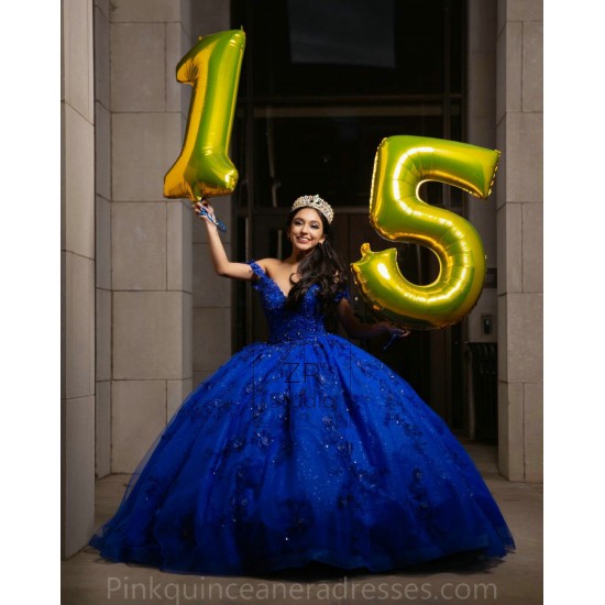 V Neck Blue Quinceanera Dress Women 2024 Ball Gown 3D Flowers Girls Sweet 16 Dresses Off Shoulder Wear Pageant