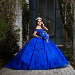 V Neck Blue Quinceanera Dress Women 2024 Ball Gown 3D Flowers Girls Sweet 16 Dresses Off Shoulder Wear Pageant