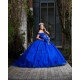 V Neck Blue Quinceanera Dress Women 2024 Ball Gown 3D Flowers Girls Sweet 16 Dresses Off Shoulder Wear Pageant