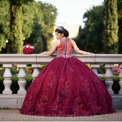 Sleeveless Burgundy Quinceanera Dress 15 Birthday Party Robe Sequin Instagram Crystal Gowns Girls Sweet 16 Dresses