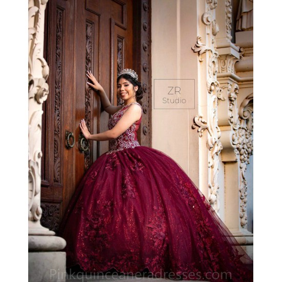 Sleeveless Burgundy Quinceanera Dress 15 Birthday Party Robe Sequin Instagram Crystal Gowns Girls Sweet 16 Dresses