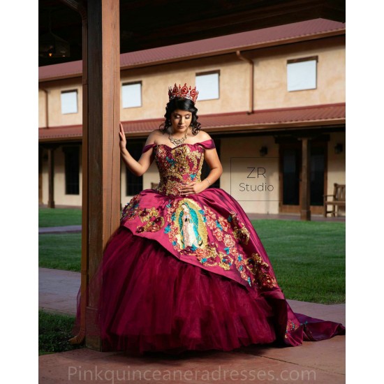 Sweetheart Neck Burgundy Quinceanera Dress Instagram Gowns Embroidered Girls Sweet 16 Dresses Off Shoulder Wear Pageant