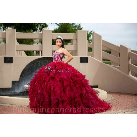 Sleeveless Burgundy Ruffled Quinceanera Dress 15 Birthday Party Robe Sequin Instagram Crystal Gowns Girls Sweet 16 Dresses