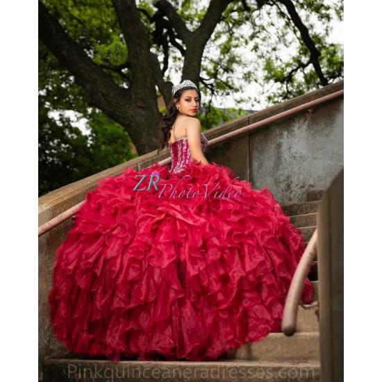 Sleeveless Burgundy Ruffled Quinceanera Dress 15 Birthday Party Robe Sequin Instagram Crystal Gowns Girls Sweet 16 Dresses