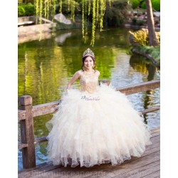 Crystal Ruffled Champagne Quinceanera Dress Instagram Gowns Girls Sweet 16 Dresses Sleeveless 15 Birthday Party Robe