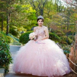 Crystal Ruffled Champagne Quinceanera Dress Instagram Gowns Girls Sweet 16 Dresses Sleeveless 15 Birthday Party Robe