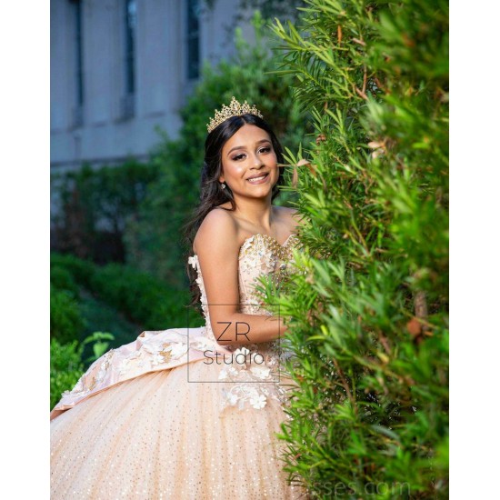 Instagram Gowns Champagne Quinceanera Dress Sweetheart Neck Sequin Lace Appliques Girls Sweet 16 Dresses Wear Pageant With Bow