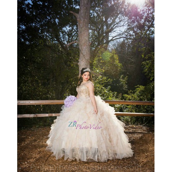 Ruffled Champagne Quinceanera Dress Sleeveless 15 Birthday Party Robe Pearl Instagram Gowns V Neck Girls Sweet 16 Dresses