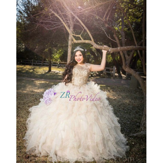 Ruffled Champagne Quinceanera Dress Sleeveless 15 Birthday Party Robe Pearl Instagram Gowns V Neck Girls Sweet 16 Dresses