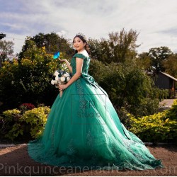 Off Shoulder Emerald Green Quinceanera Dress Vestidos De 15 Anos V Neck Women 2024 Ball Gown Lace Appliques Girls Sweet 16 Dresses With Bow