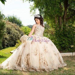 Sleeveless Gold Quinceanera Dress 15 Birthday Party Robe Sequin Crystal Instagram Gowns Lace Appliques Girls Sweet 16 Dresses