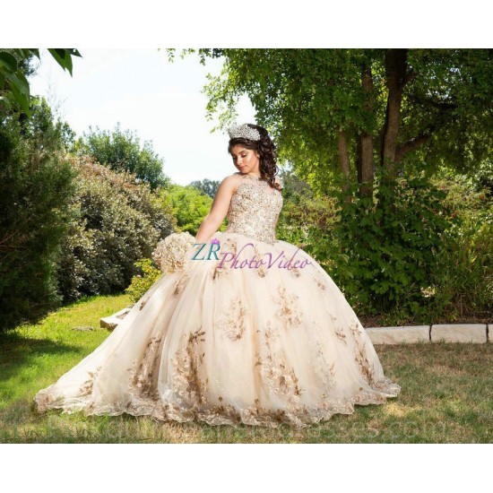 Sleeveless Gold Quinceanera Dress 15 Birthday Party Robe Sequin Crystal Instagram Gowns Lace Appliques Girls Sweet 16 Dresses