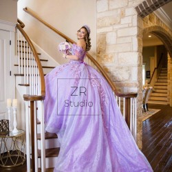 Off Shoulder Lilac Quinceanera Dress Instagram Gowns 3D Flowers Girls Sweet 16 Dresses Chandelier Sleeve Wear Pageant