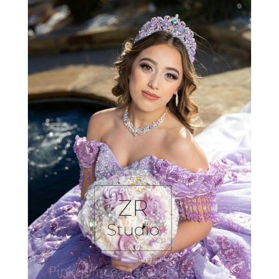 Off Shoulder Lilac Quinceanera Dress Instagram Gowns 3D Flowers Girls Sweet 16 Dresses Chandelier Sleeve Wear Pageant