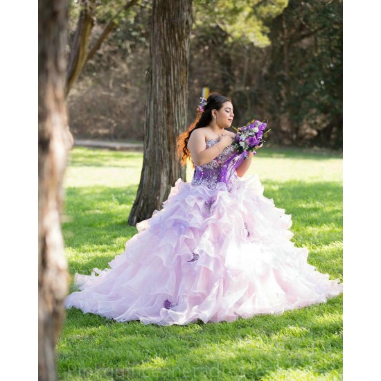 Ruffled Lilac Quinceanera Dress Instagram Gowns Sweetheart Neck Girls Sweet 16 Dresses Crystal Sleeveless 15 Birthday Party Robe