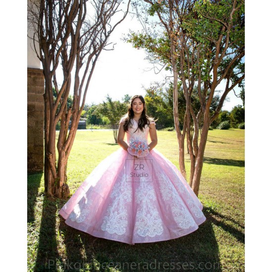 Off Shoulder Pink Quinceanera Dress Instagram Gowns Lace Appliques Girls Sweet 16 Dresses V Neck Wear Pageant