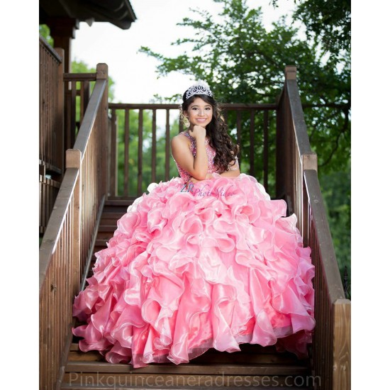 Ruffled Pink Quinceanera Dress Sleeveless 15 Birthday Party Robe Instagram Gowns Girls Sweet 16 Dresses