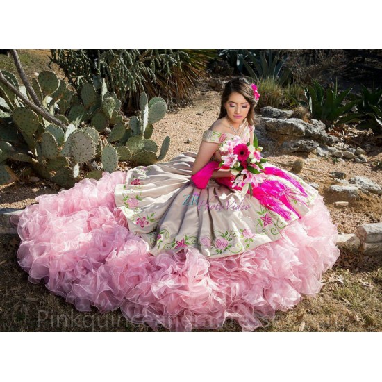 Pink Ruffled Quinceanera Dress Off Shoulder 15 Birthday Party Robe Pearl Instagram Gowns Sweetheart Neck Girls Sweet 16 Dresses