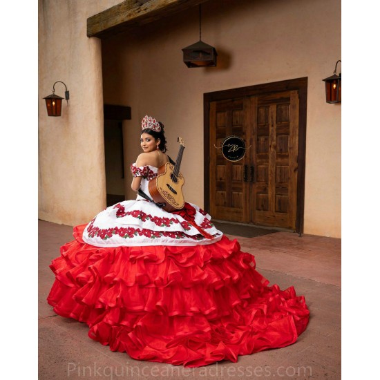 Sweetheart Neck Red On White Ruffled Quinceanera Dress Vestidos De 15 Anos Embroidered Girls Sweet 16 Dresses Off Shoulder 2024 Wear Pageant