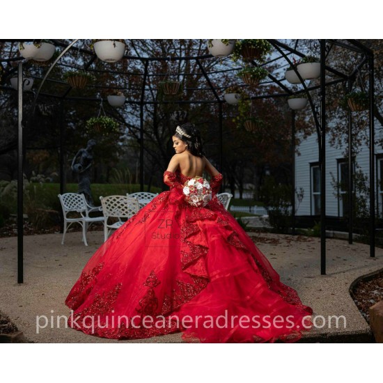 Red Quinceanera Dress Detachable Vestidos De 15 Anos Sweetheart Neck Women 2024 Ball Gown Lace Appliques Girls Sweet 16 Dresses With Bow