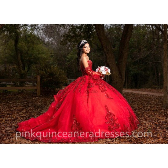 Red Quinceanera Dress Detachable Vestidos De 15 Anos Sweetheart Neck Women 2024 Ball Gown Lace Appliques Girls Sweet 16 Dresses With Bow