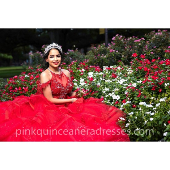 Red Quinceanera Dress Off Shoulder Vestidos De 15 Anos V Neck Women 2024 Ball Gown Lace Appliques Girls Sweet 16 Dresses