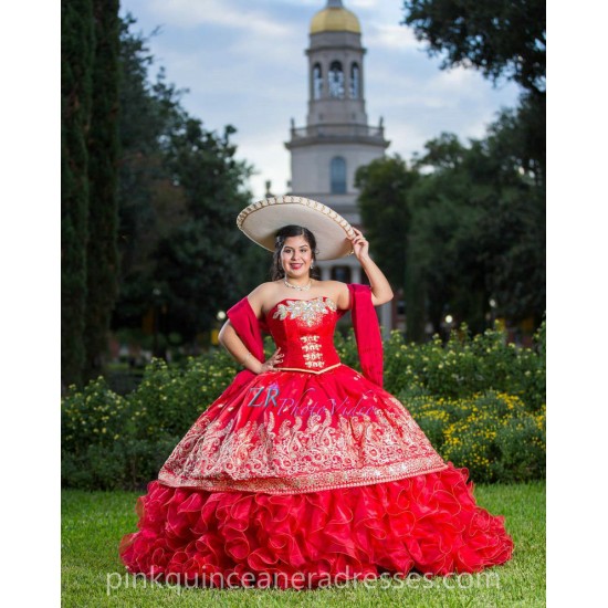 Red Ruffled Quinceanera Dress Sleeveless 15 Birthday Party Robe Pearl Instagram Gowns Sweetheart Neck Girls Sweet 16 Dresses