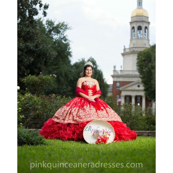 Red Ruffled Quinceanera Dress Sleeveless 15 Birthday Party Robe Pearl Instagram Gowns Sweetheart Neck Girls Sweet 16 Dresses