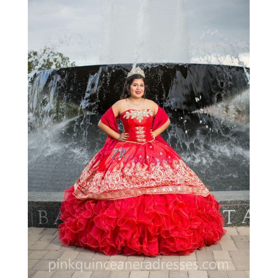 Red Ruffled Quinceanera Dress Sleeveless 15 Birthday Party Robe Pearl Instagram Gowns Sweetheart Neck Girls Sweet 16 Dresses