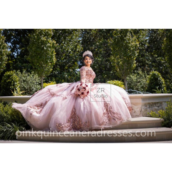 Rose Gold Quinceanera Dress Long Sleeve Vestidos De 15 Anos Sweetheart Neck Women 2024 Ball Gown Lace Appliques Girls Sweet 16 Dresses