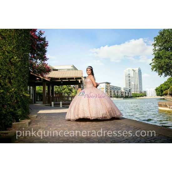 Rose Gold Quinceanera Dress Sleeveless 15 Birthday Party Robe Sequin Instagram Crystal Gowns Lace Appliques Girls Sweet 16 Dresses