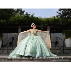 Cape Sleeve Sage Green Quinceanera Dress Vestidos De 15 Anos Sweetheart Neck Girls Sweet 16 Dresses Lace Appliques 2024 Wear Pageant