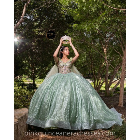 Cape Sleeve Sage Green Quinceanera Dress Vestidos De 15 Anos Sweetheart Neck Girls Sweet 16 Dresses Lace Appliques 2024 Wear Pageant