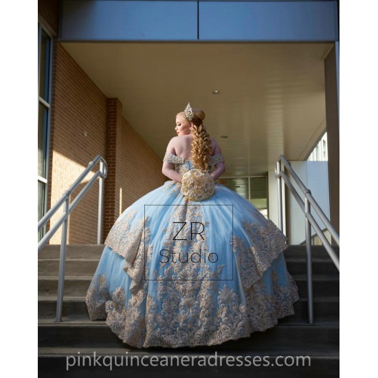 Off Shoulder Sky Blue Quinceanera Dress Instagram Gowns Gold Lace Appliques Girls Sweet 16 Dresses Off Shoulder Wear Pageant