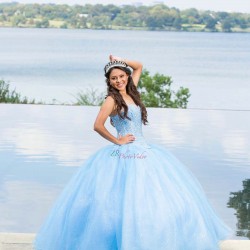 Sky Blue Quinceanera Dress Sleeveless 15 Birthday Party Robe Pearl Instagram Gowns Sweetheart Neck Girls Sweet 16 Dresses