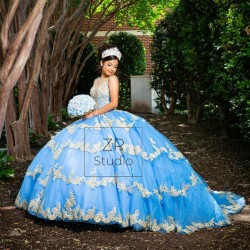 Sky Blue Quinceanera Dress Sweetheart Neck Women 2024 Ball Gown Gold Lace Appliques Girls Sweet 16 Dresses Off Shoulder Wear Pageant